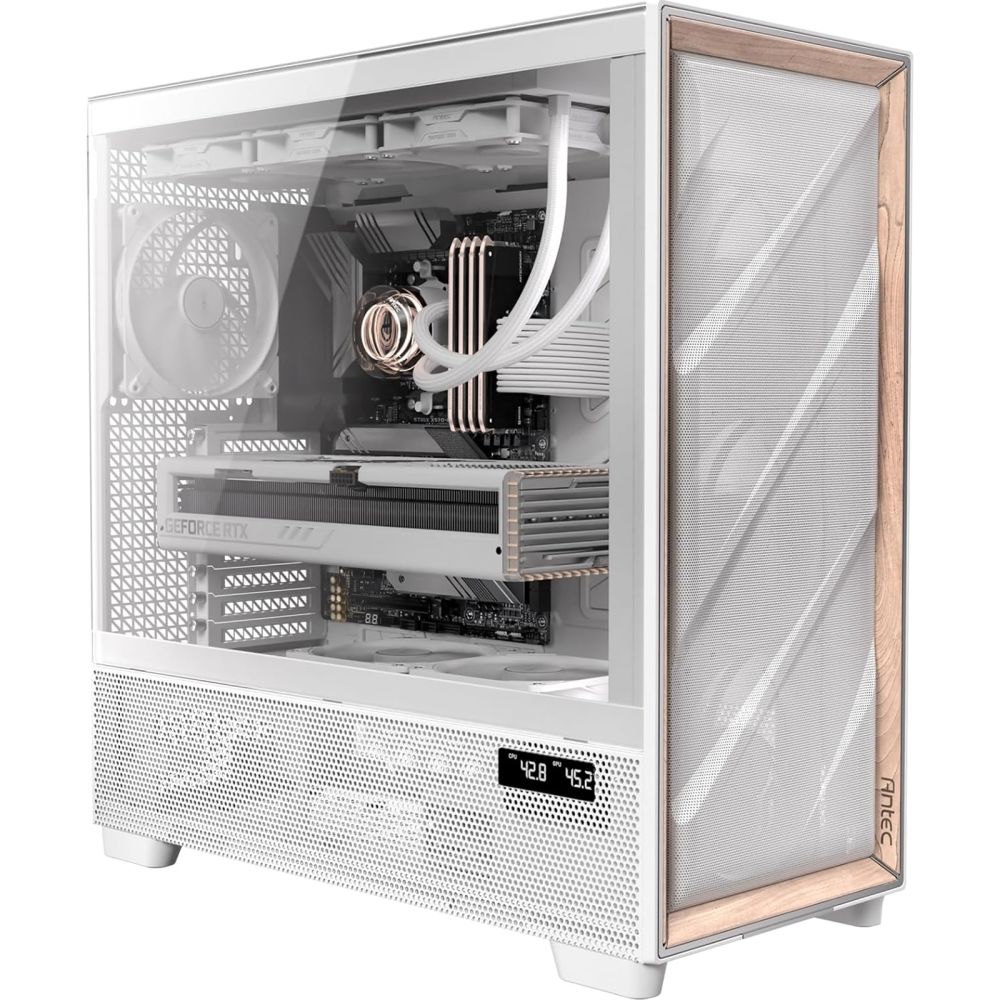 Antec Flux PRO Full Tower PC Case, White/Wood, 6 Fans, USB-C