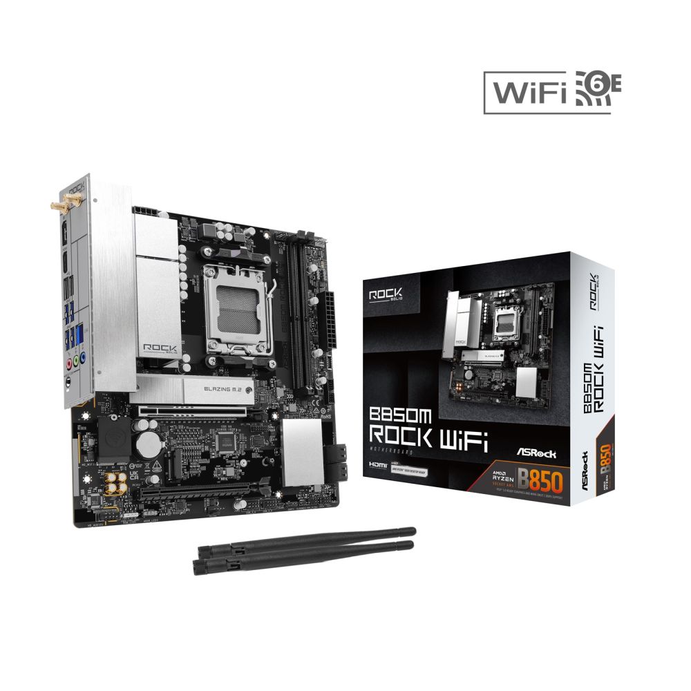 Asrock B850M Rock WiFi AM5 Motherboard, Micro-ATX, 2x DDR5, 2x M.2, Wi-Fi 6E, 2.5GbE LAN Asrock B850M Rock WiFi AM5 Motherboard, Micro-ATX, 2x DDR5, 2x M.2, Wi-Fi 6E, 2.5GbE LAN