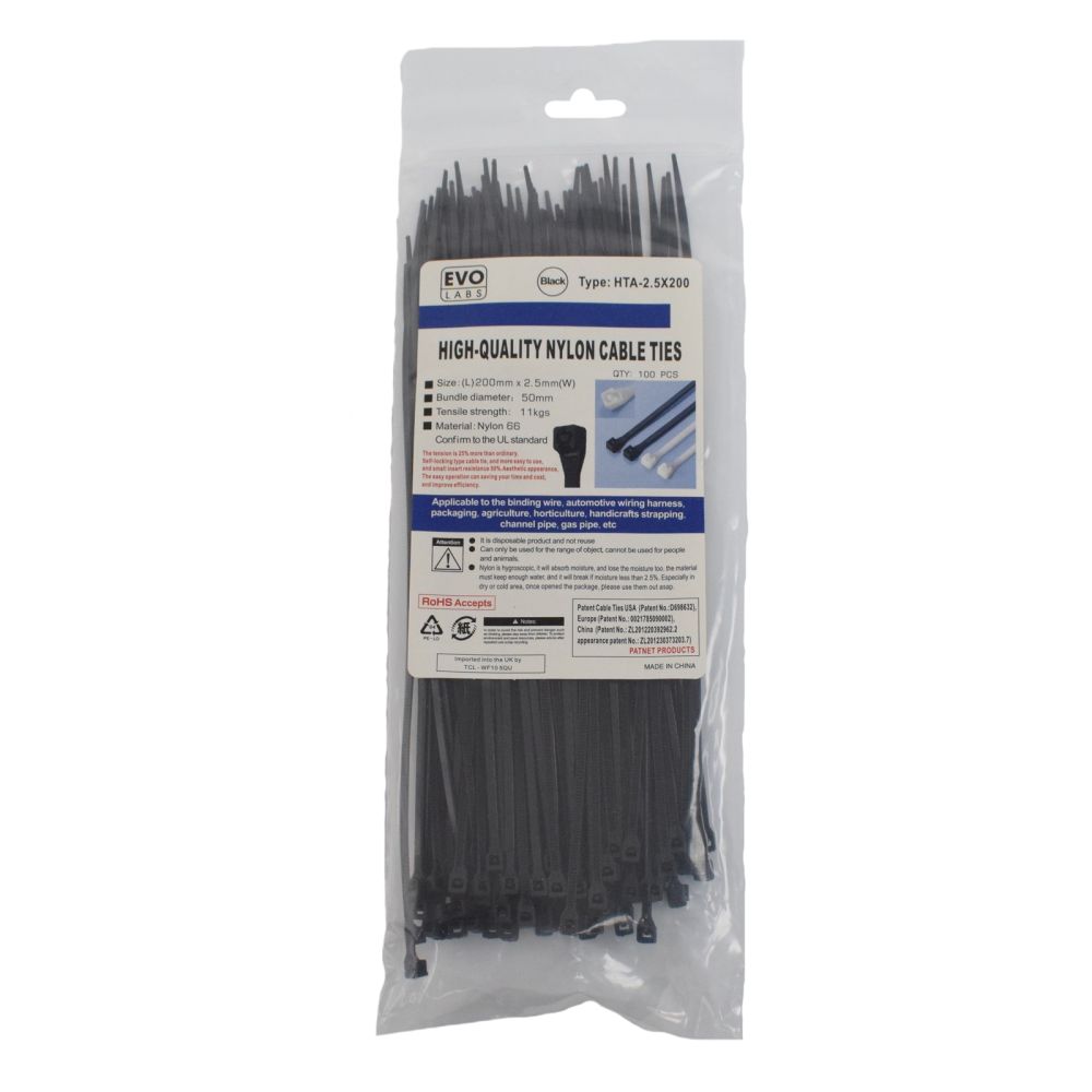 Evo Labs 2.5X200MM Black Nylon Cable Tie