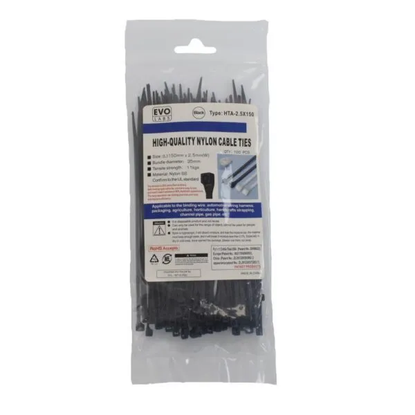 Evo Labs Black Nylon Cable Tie 100 Pack