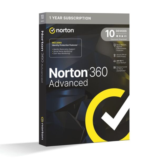 Norton 360 Advanced: 10 Devices, 1 Year, VPN, Dark Web, Cloud Storage