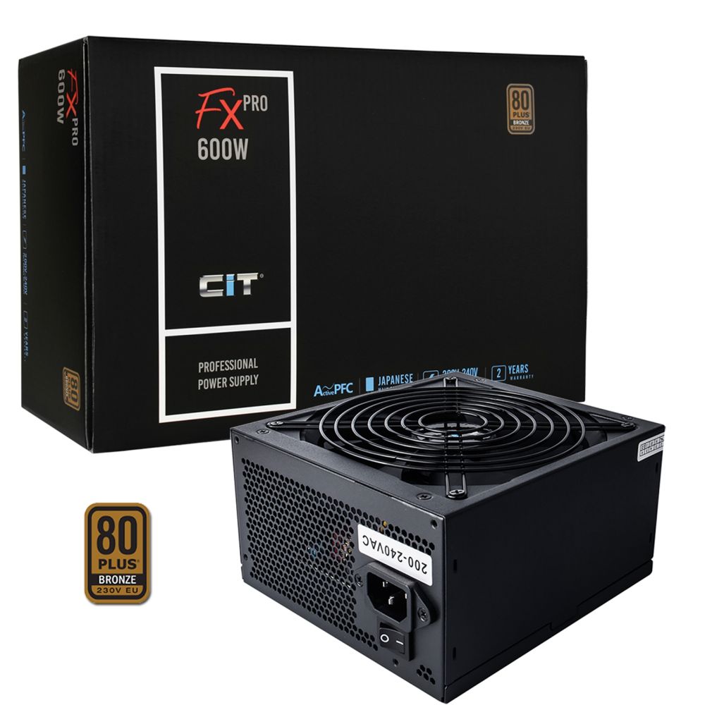 CIT 600W ATX PSU, 80+ Efficiency, 120mm Silent Fan, Active PFC, PCIe/SATA/Molex, Black