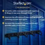 StarTech.com 1U 19" D-Ring Cable Management Organiser - Horizontal Rack Panel with Passthrough Holes