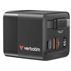 Verbatim GaN 65W 2-Port Retractable Cable Charger with US/EU/UK Adapters
