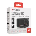 Verbatim GaN 65W 2-Port Retractable Cable Charger with US/EU/UK Adapters