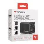 Verbatim GaN 65W 2-Port Retractable Cable Charger with US/EU/UK Adapters