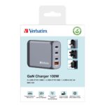 Verbatim GNC-100 GaN 100W Charger - 2x USB-C PD 100W, 1x USB-C PD 65W, 1x USB-A QC 3.0 (EU/UK/US)