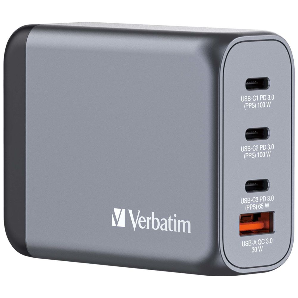 Verbatim GNC-100 GaN 100W Charger - 2x USB-C PD 100W, 1x USB-C PD 65W, 1x USB-A QC 3.0 (EU/UK/US)