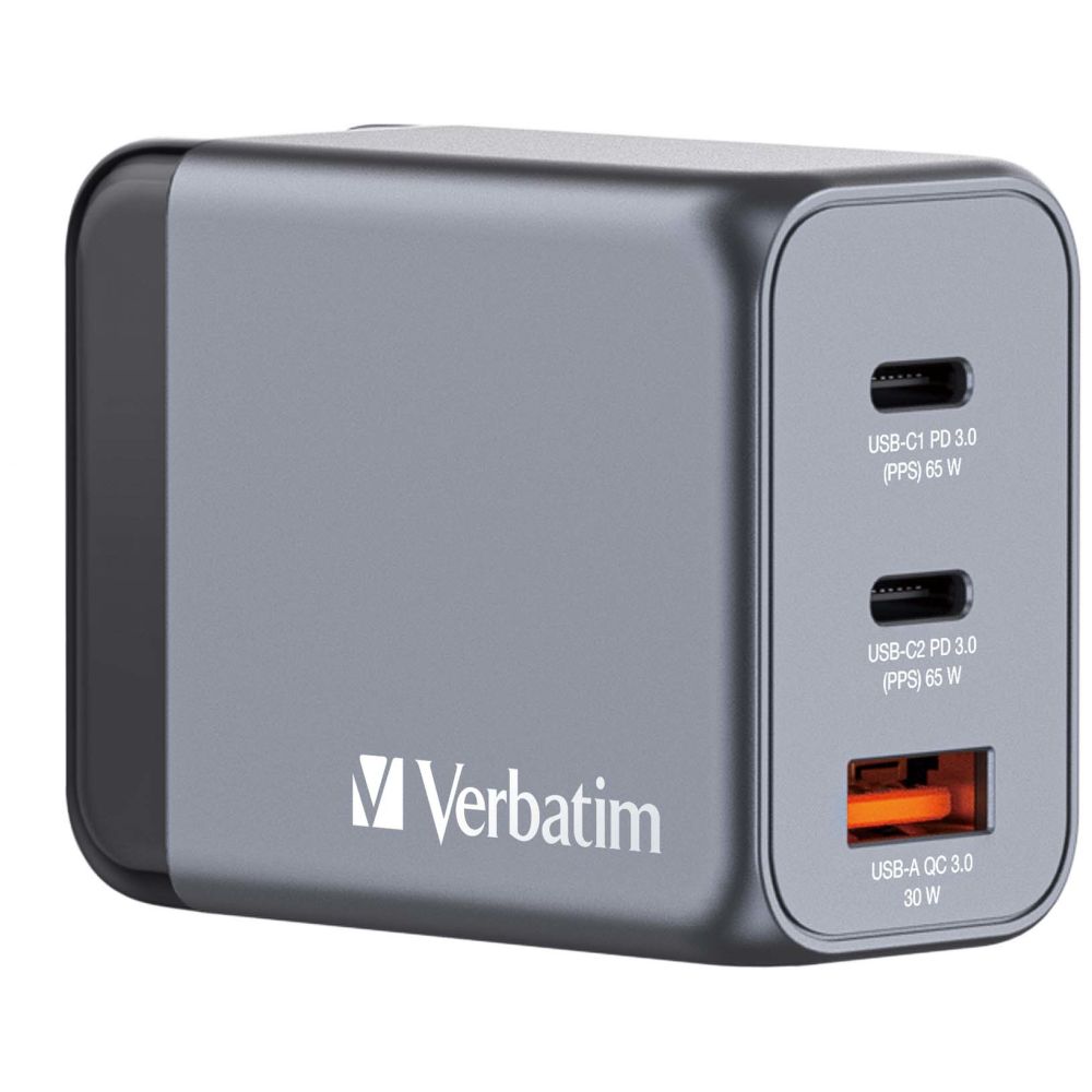 Verbatim GNC-65 GaN Charger 65W, 2x USB-C PD, 1x USB-A QC 3.0 (EU/UK/US)