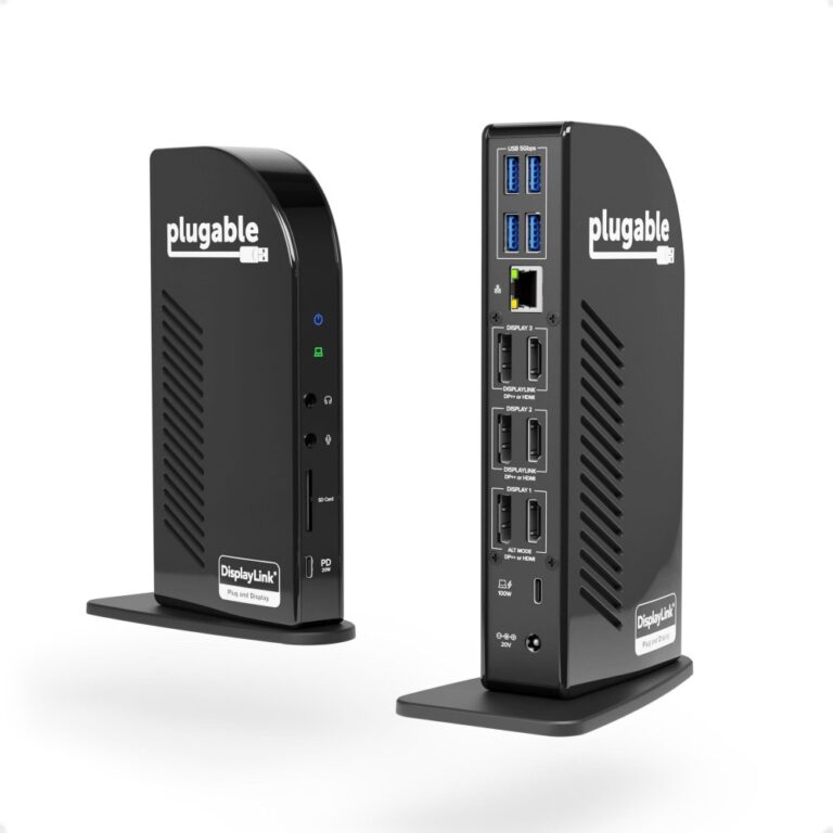 Plugable 4K USB-C Docking Station Triple Monitor, 100W PD, Thunderbolt 3/4, HDMI & DisplayPort, Windows/Mac