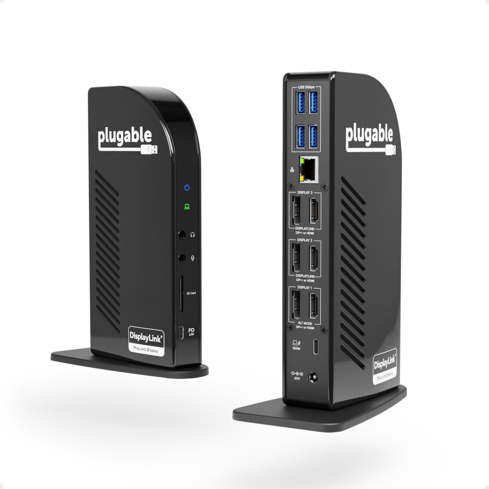 Plugable 4K USB-C Docking Station Triple Monitor, 100W PD, Thunderbolt 3/4, HDMI & DisplayPort, Windows/Mac