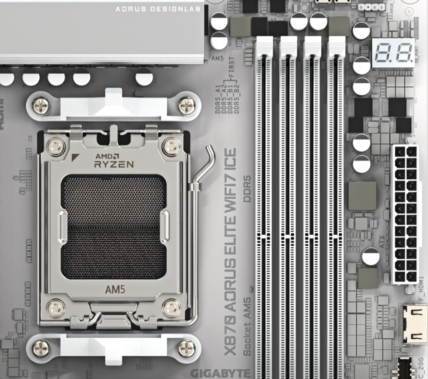 GIGABYTE X870 AORUS Elite WiFi7 ICE motherboard AM5 socket close-up