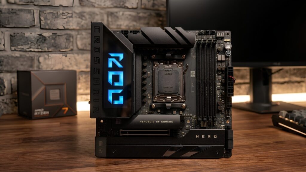 ASUS ROG Crosshair Hero motherboard on a desk beside an AMD Ryzen 7 box
