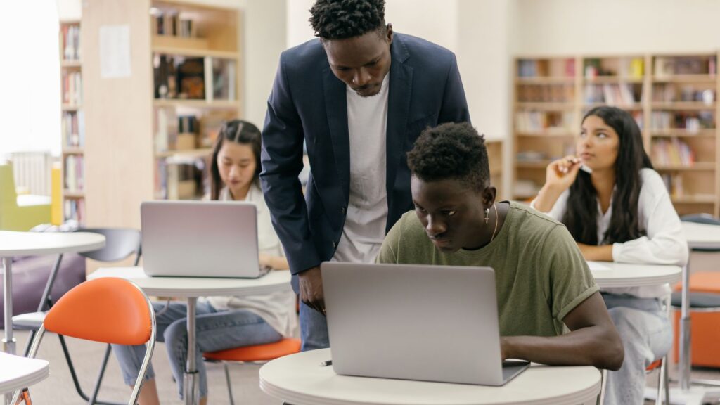 Students using Chromebooks in a school classroom