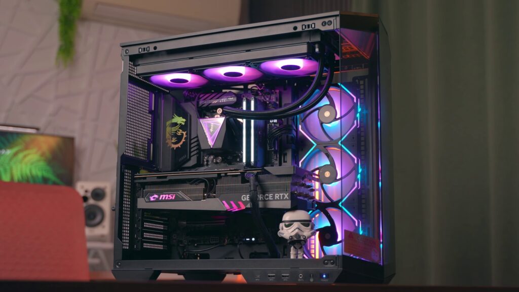 Gaming PC with RGB fans and liquid cooling in a glass case