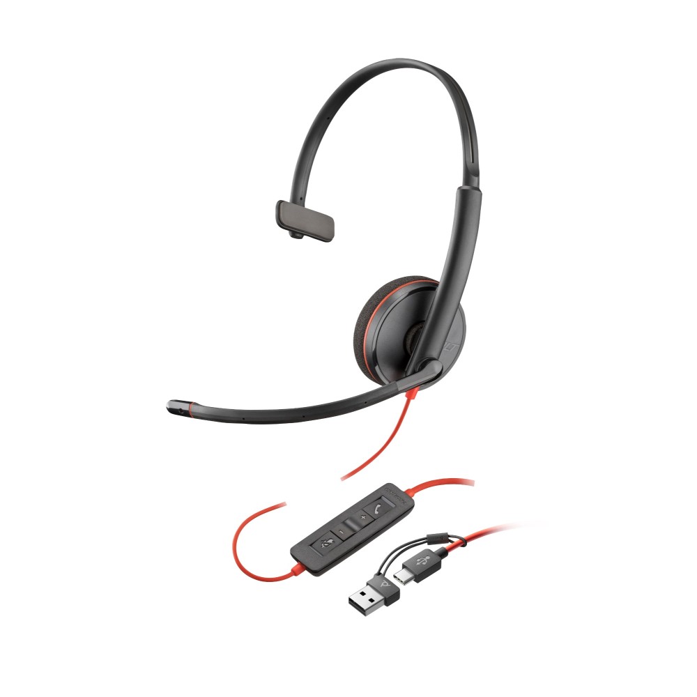HP Poly Blackwire 3210 Monaural Headset USB-C with USB-A Adapter HP Poly Blackwire 3210 Monaural Headset USB-C with USB-A Adapter