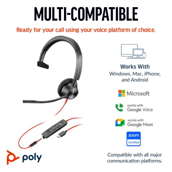 HP Poly Blackwire 3315 Monaural USB-C Headset +3.5mm + USB-C/A Adapter