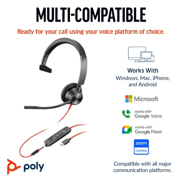 HP Poly Blackwire 3315 Monaural USB-C Headset +3.5mm + USB-C/A Adapter