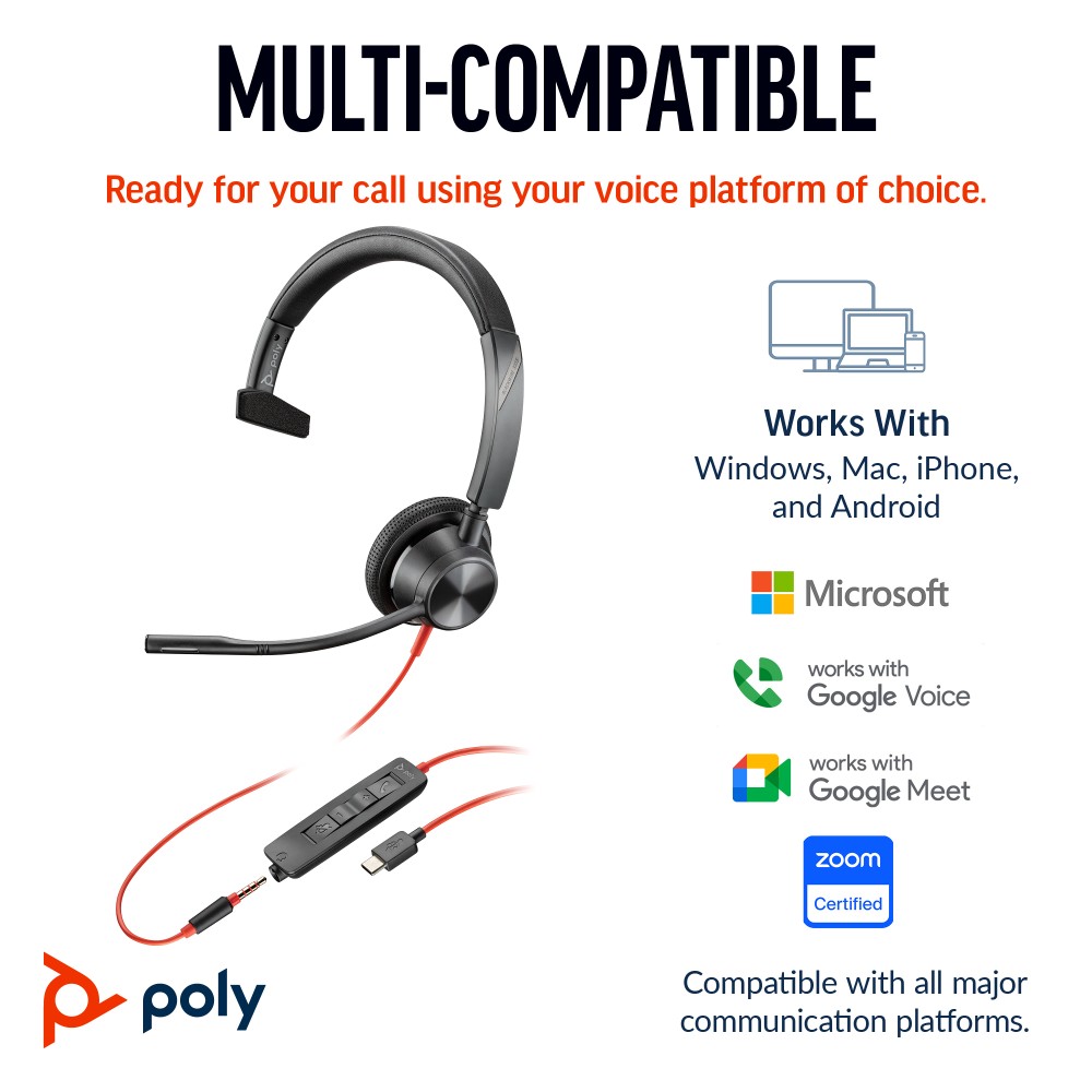 HP Poly Blackwire 3315 Monaural USB-C Headset +3.5mm + USB-C/A Adapter HP Poly Blackwire 3315 Monaural USB-C Headset +3.5mm + USB-C/A Adapter
