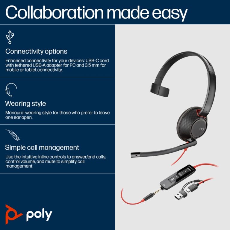 HP Poly Blackwire 5210 Monaural Headset USB-C + 3.5mm + Adapter