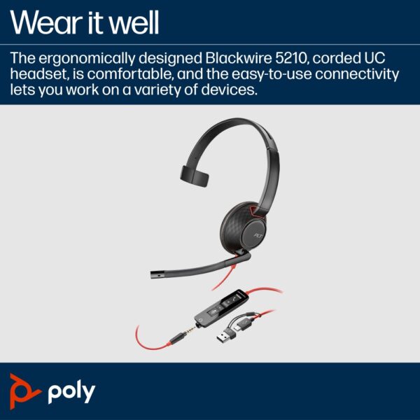 HP Poly Blackwire 5210 Monaural USB-C Headset +3.5mm Adapter