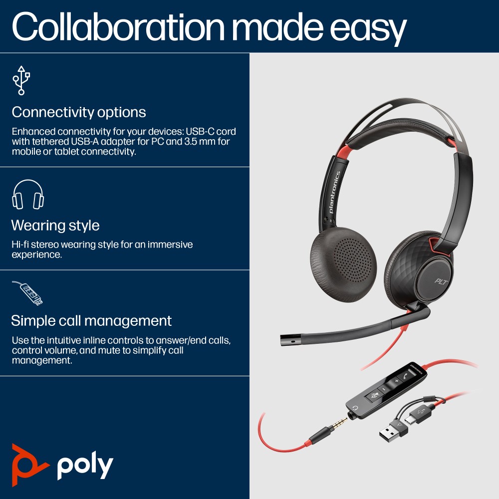 HP Poly Blackwire 5220 Stereo USB-C Headset +3.5mm + USB-C/A Adapter HP Poly Blackwire 5220 Stereo USB-C Headset +3.5mm + USB-C/A Adapter