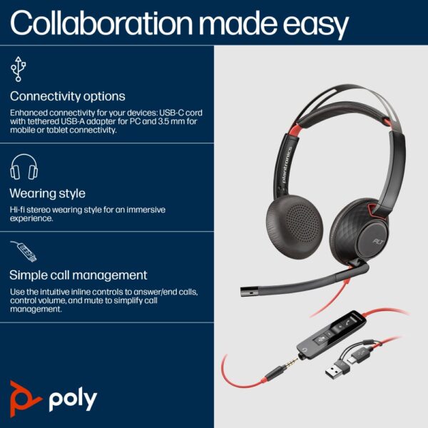 HP Poly Blackwire 5220 USB-C Headset +3.5mm & Adapter (Bulk)