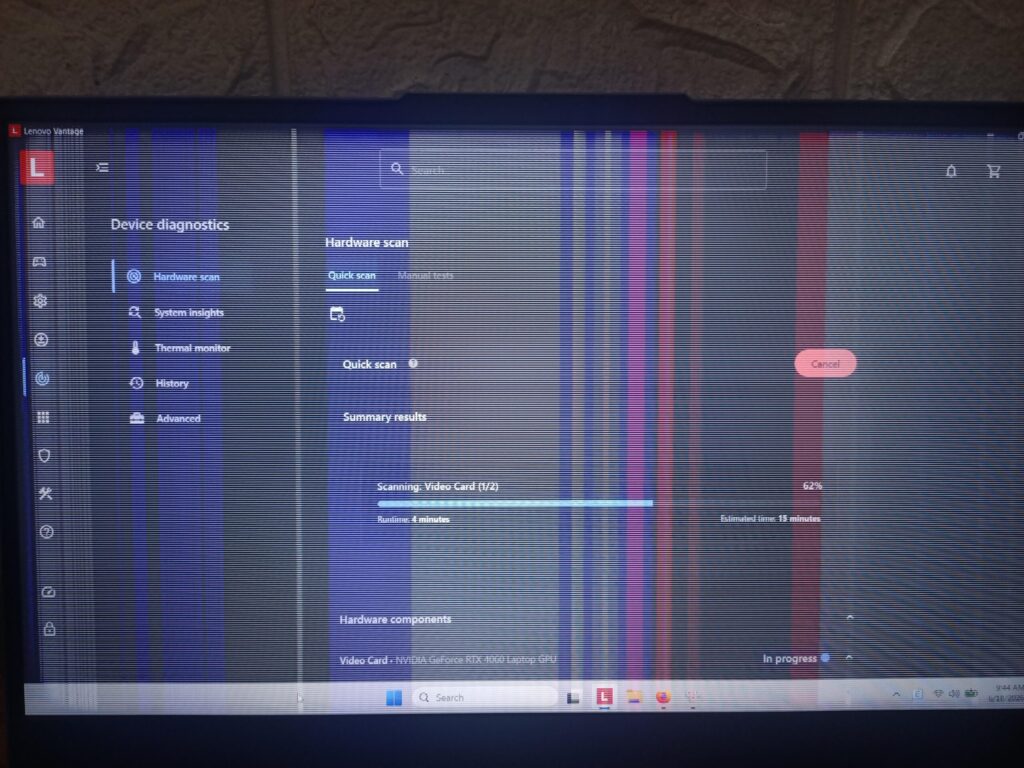 Lenovo Vantage running a hardware scan on the video card of a laptop showing screen artefacts