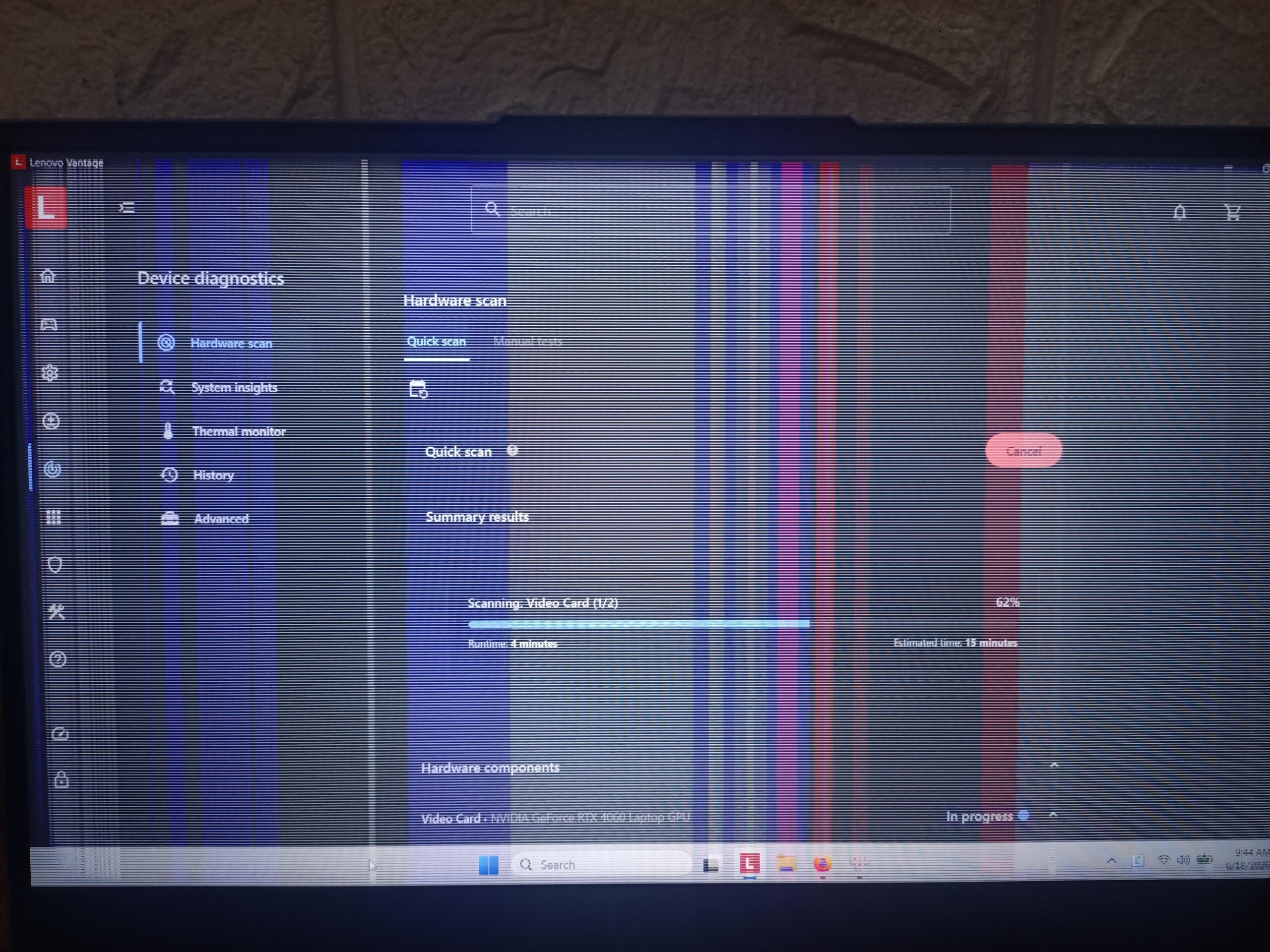 Lenovo Vantage running a hardware scan on the video card of a laptop showing screen artefacts