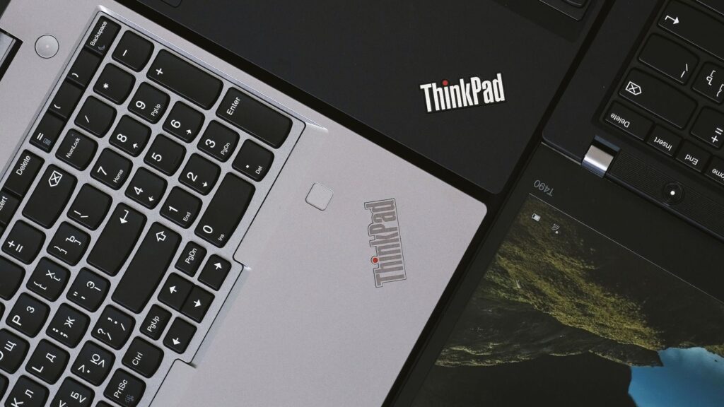 Close-up of Lenovo ThinkPad laptops