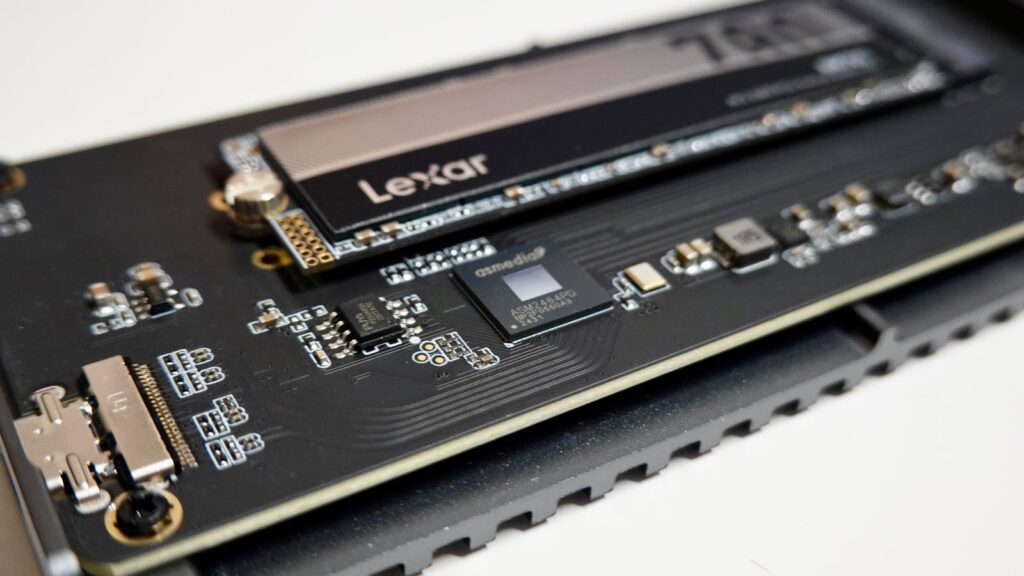 An M.2 NVMe SSD with a heatsink mounted on a circuit board
