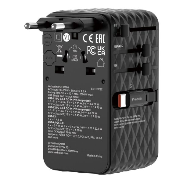 Verbatim Charge 'n' Travel 70W 2C Black Universal Travel Adapter