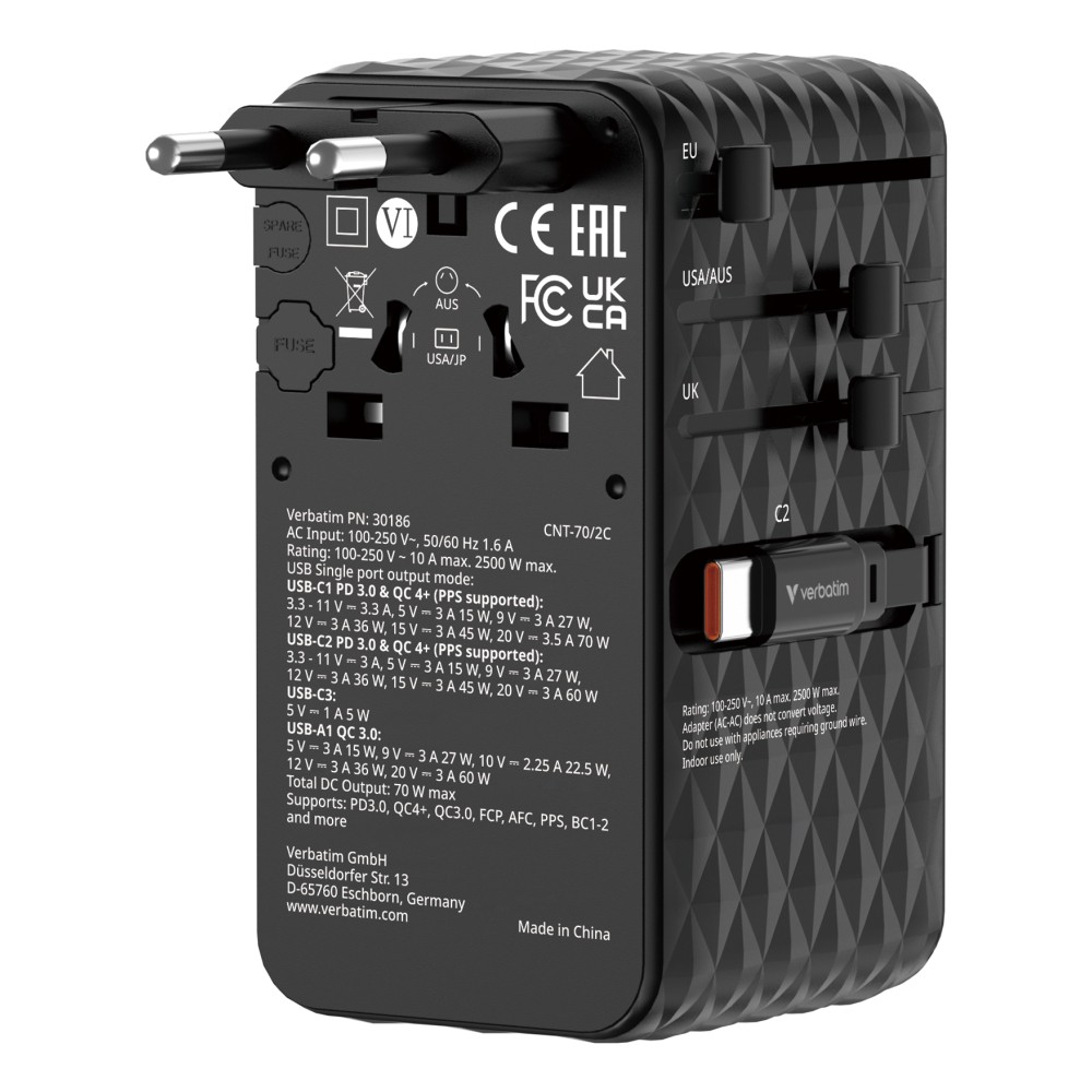 Verbatim Charge 'n' Travel 70W 2C Black Universal Travel Adapter