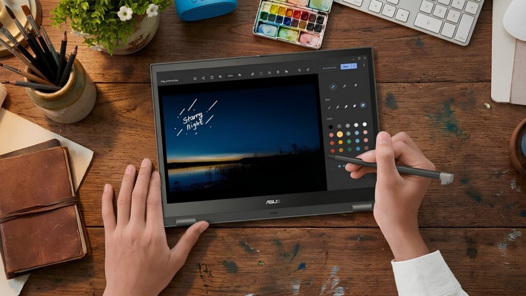 Person drawing with a stylus on an ASUS Chromebook with the screen folded flat