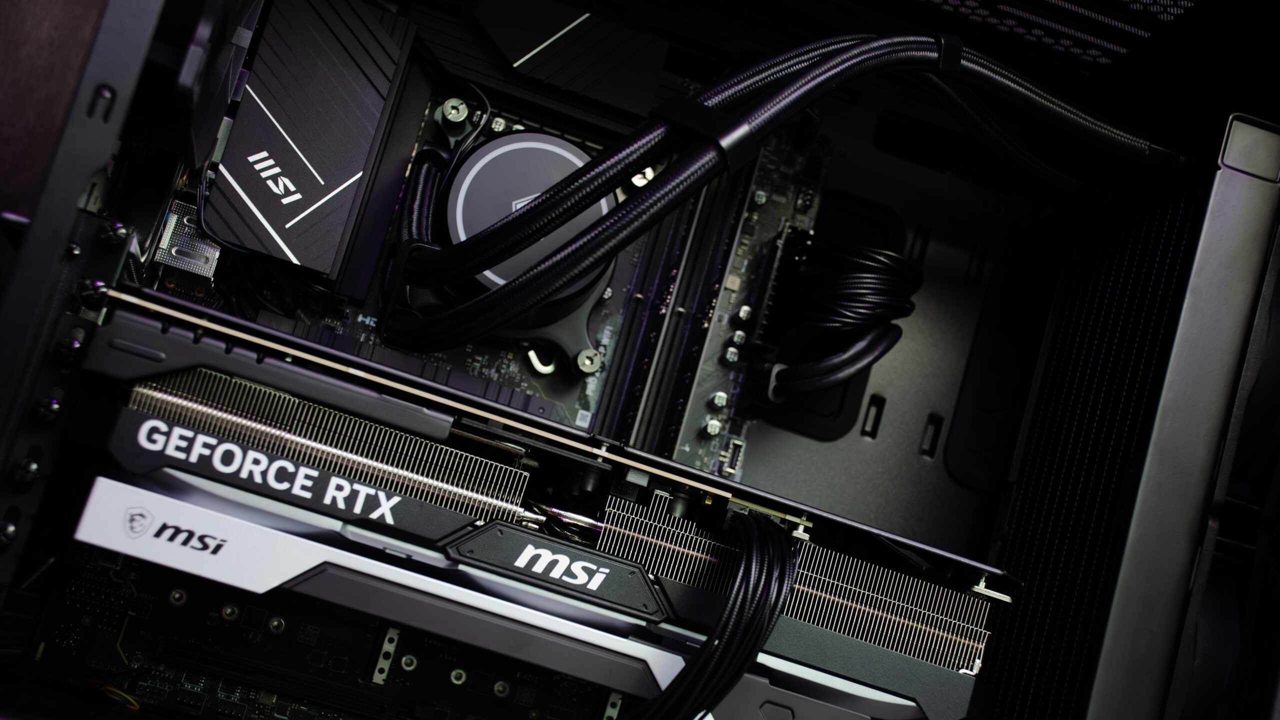 MSI GeForce RTX graphics card installed inside a gaming PC