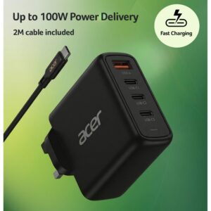 Acer 100W USB-C Power Delivery Laptop Charger, 4 Ports, UK Plug, 2m Cable, Black