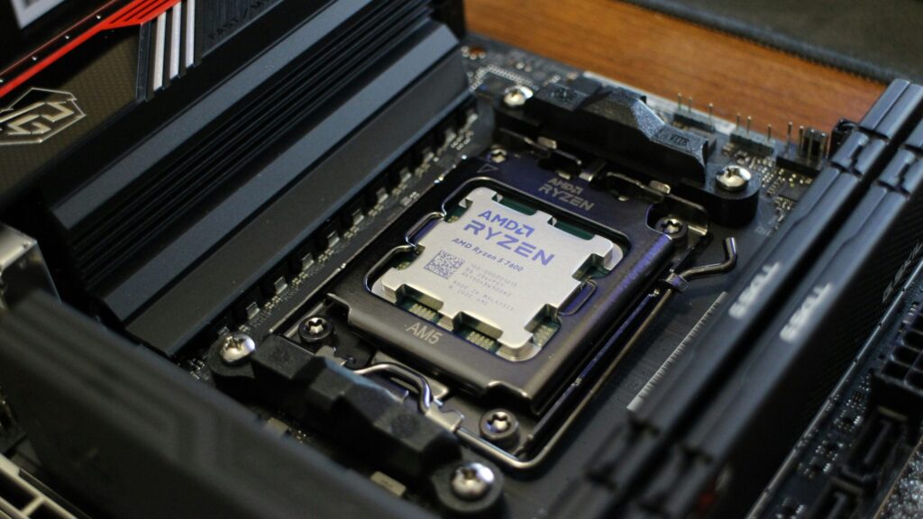 AMD Ryzen processor installed in an AM5 motherboard socket