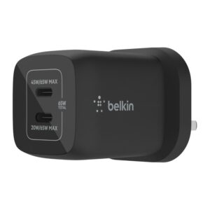 Belkin 65W Dual USB-C GaN Wall Charger with PPS, Overcharge & Overheat Protection, Black