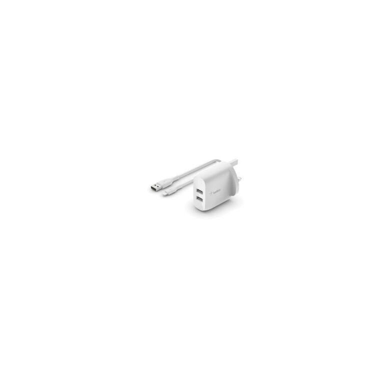Belkin BOOST↑CHARGE Dual USB-A Wall Charger, 2 Ports, 12W, 1m USB-A to Lightning Cable, White