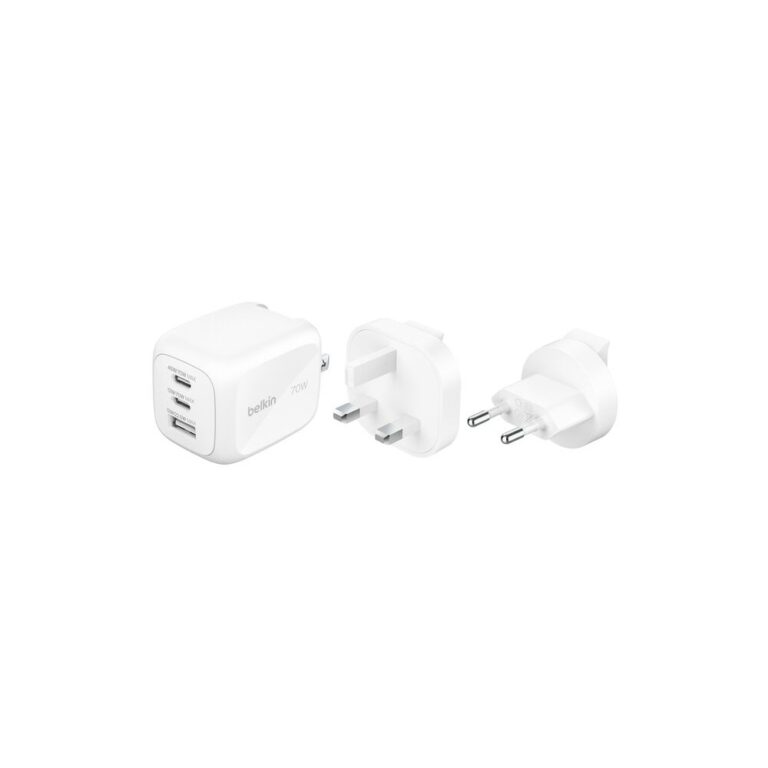 Belkin BoostCharge Pro 70W GaN Wall Charger with 2x USB-C & 1x USB-A Ports, White