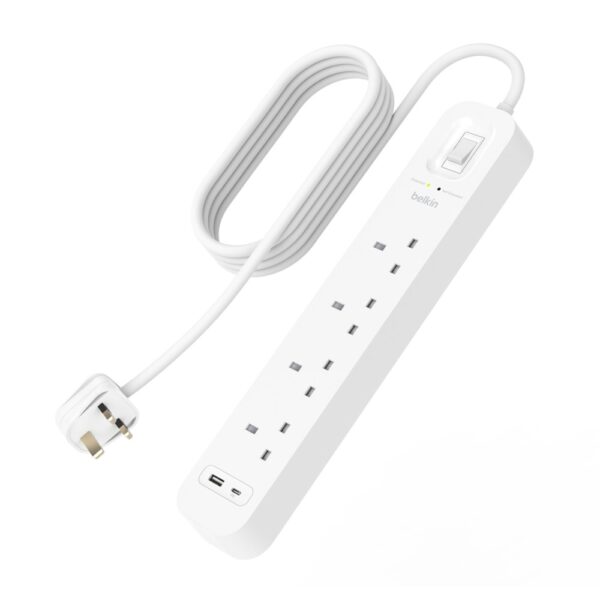 Belkin Connect 4 AC Outlet 2m Surge Protector with 2x USB-A & USB-C Fast Charging Ports White
