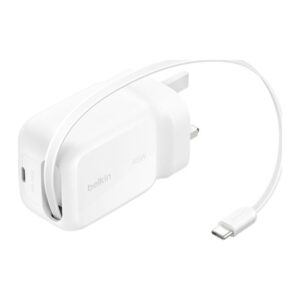 Belkin Retractable GaN Wall Charger 45W with 0.8m USB-C Cable - White