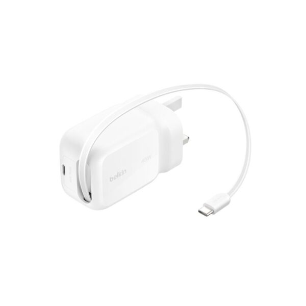 Belkin Retractable GaN Wall Charger 45W with 0.8m USB-C Cable - White