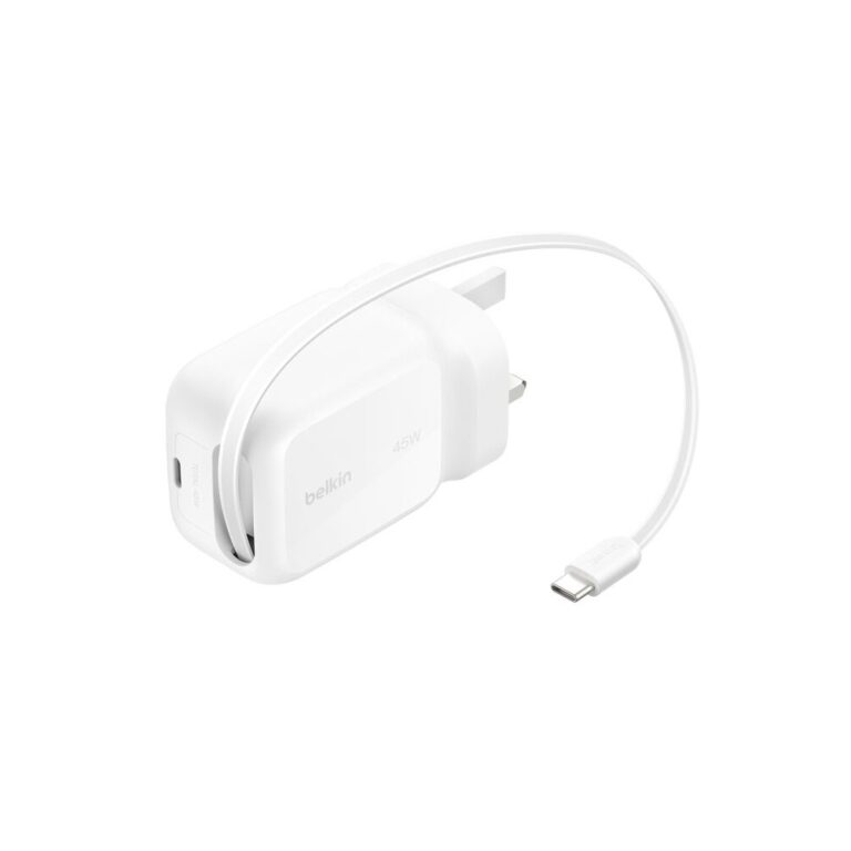 Belkin Retractable GaN Wall Charger 45W with 0.8m USB-C Cable - White