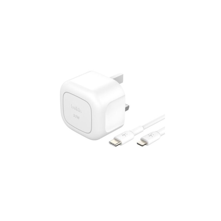 Belkin WCA008MY1MWH-B5 Wall Charger 30W USB-C PD 3.1 with USB-C to Lightning Cable White