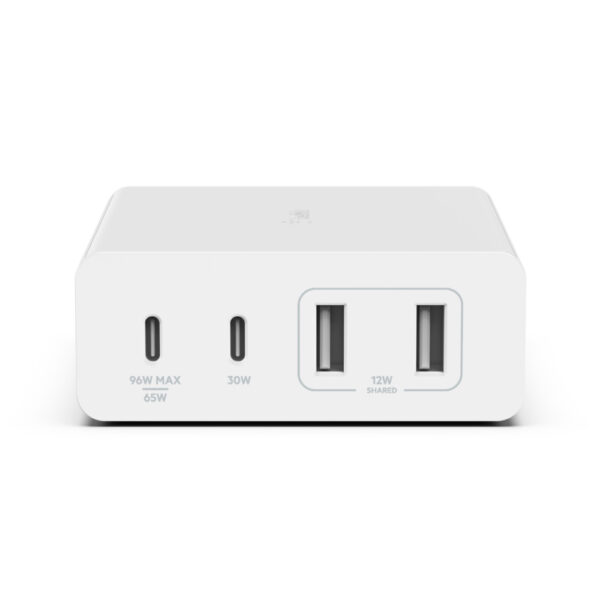 Belkin WCH010myWH 108W 4-Port GaN AC Fast Charger with 2x USB-C & 2x USB-A, White