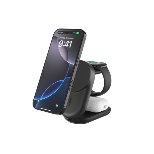 Belkin WIZ037MYBK 3-in-1 Wireless Charger with Qi2, MagSafe, 45W USB-C PD, Black