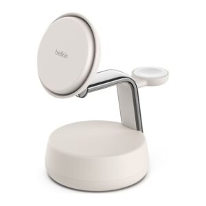 Belkin WIZ040MYSD Qi2 45W 3-in-1 Wireless Charger with MagSafe for iPhone & AirPods - White/Chrome