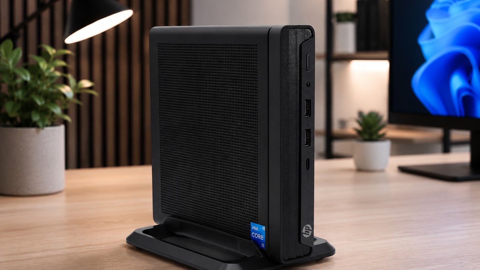 HP mini PC standing upright on a wooden desk
