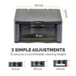 Fellowes Premium Plus Monitor Stand with Drawer, Cable Management, Ergonomic, 3-Height Adjustments, 21", Graphite